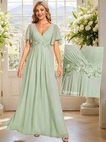 V-Neck Embroidered Ruffle Sleeve Pleated Chiffon Bridesmaid Dress, Formal Dress, Wedding Guest Dress - Mint Green - View 9