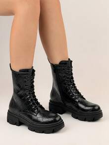 British Style Platform Lace-Up Slim Ankle Boots - BLACK BV - View 3