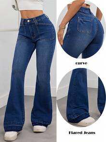 复古低腰修身喇叭牛仔裤，深蓝色，优雅的夏季度假风和日常休闲穿着弹力长款牛仔裤 - 中等水洗藍 - 查看 3