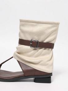 Beige Patchwork Coffee Brown Thong Sandals, Flat Square Toe Street Style Buckle Strap European & American Punk Style Fashionable Women Summer Sandals - Beige - View 5