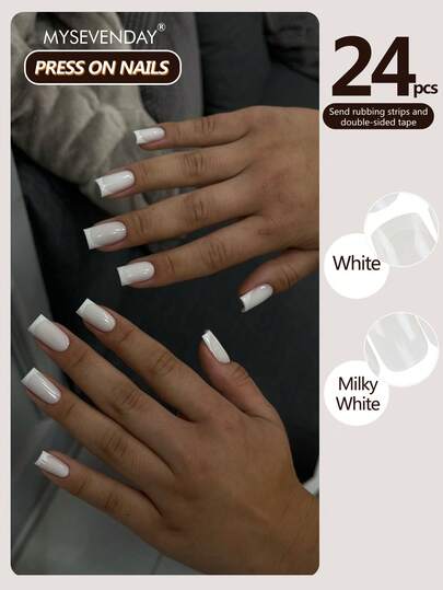 24pcs Short Square White French Manicure Nail Stickers, Elevate Your Style, Includes Jelly Gel And Adhesive Strips, Suitable For DIY, Reusable, Ideal For Everyday Use