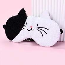 1 pieza Antifaz de peluche de gato negro y blanco para niñas, de poliéster, con ojos y boca bordados, máscara de dormir elástica y linda para uso diario - Blanco y Negro - Ver 6
