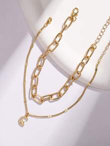 Nooxian 2pcs Beach Vacation Style Anklet Set, Paper Clip Chain With Star & Moon Cubic Zirconia Pendant Anklet, Fashion Jewelry - Yellow Gold - View 1