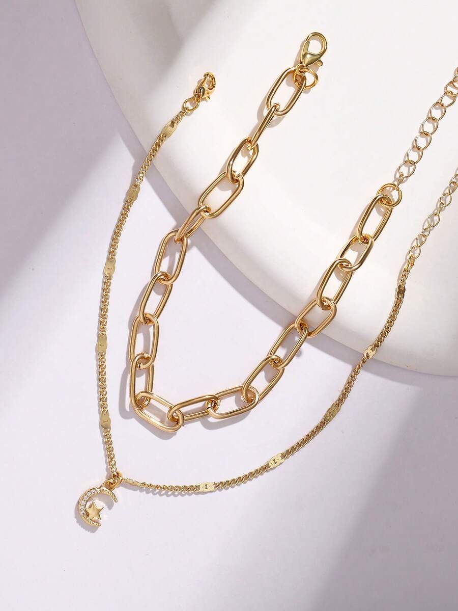 Nooxian 2pcs Beach Vacation Style Anklet Set, Paper Clip Chain With Star & Moon Cubic Zirconia Pendant Anklet, Fashion Jewelry - Yellow Gold - View 1