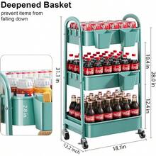 3 Tier Rolling Cart Metal With Wheels, Heavy Duty White Three Tiered Cart Organizer On Wheels, Utility Roller Storage Carts Art, Nursery, Diaper Caddy, Snack, Book, Nail, Cleaning Supplies - 自然綠色 + 三層 + 杯子 + 掛鉤 - 查看 10