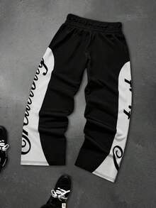High Street Black & White Contrast Rhinestone Letter Sweatpants, Loose Fit Wide Leg Pants, American Street Hip Hop Casual Sports Trousers - Black - View 3