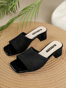 Hàng mới về, sandal cao gót thời trang casual mùa hè, chất liệu vải dệt kim màu đen, thiết kế hở ngón, mũi vuông, gót dày, thoáng khí - màu đen - Xem 3