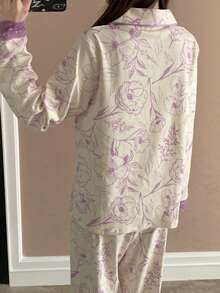 2件套紫色蕾丝拼接女士睡衣，时尚印花长袖家居服 - 紫色 - 查看 3