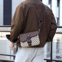 1件格子图案黑棕色搭扣装饰PU防水耐用男士单肩斜挎包，欧美时尚商务休闲小背包 - 彩色 - 查看 11