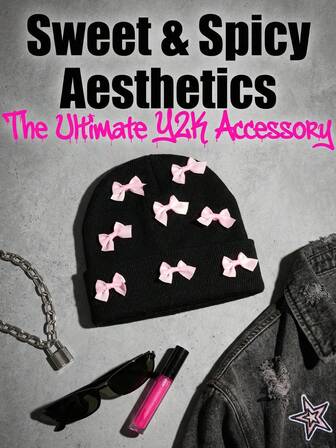 1ชิ้น หมวกบีนนี่ถักสไตล์พังก์ ประดับโบว์สีชมพู, หมวกสีดำล้วนวินเทจ Y2K คุณภาพสูง, แฟชั่นสำหรับใส่ในชีวิตประจำวันในฤดูหนาว