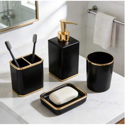 Zestaw kosmetyków łazienkowych, 4 sztuki – mydelniczka, kubek do płukania ust, uchwyt na szczoteczki do zębów, pojedyncze butelki, dostępne w wielu kolorach, wykonane z plastiku – odpowiednie do łazienki