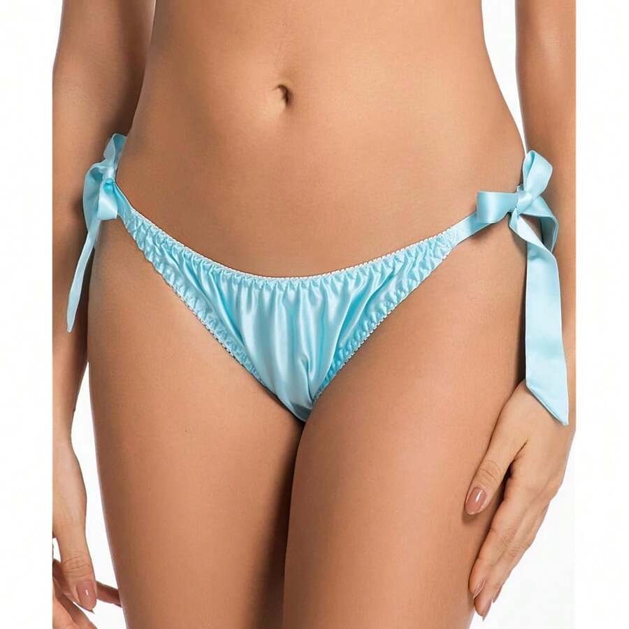 Women Silk Panties Lightweight Briefs Smooth Breathable Satin Bikini,Sexyys Tie-Side Underwear Daily Fit Comfort,LightBlue - LightBlue - 查看 1