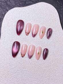 10 Pieces Handmade Almond-Shaped Purple Cat-Eye Leopard Print Press-On Nails, Featuring Handcrafted Purple Cat-Eye Leopard Print Patterns, Hand-Painted Purple Cat-Eye French Tips Embellished With Golden Starbursts. These Elegant, Romantic And Minimalist False Nails Are A Premium, Sexy And Lightweight-Luxury Manicure Option, Perfect For Daily Wear, Dates, Concerts And Light Business Occasions. An Excellent Gift For Women And Girls.