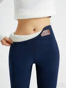 Women's Autumn And Winter Fleece Warm Leggings, Solid Color, High-Stretch Tights, Suitable For Yoga Fitness, Outdoor Running, And Everyday Use - 藍色 - 查看 3