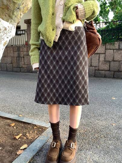 Vintage Plaid High-Waisted Slimming Wool Blend Fabric Skirt, Suitable For Daily Wear, Campus Commute, Casual Dates, Japanese Style For Female Students And Working Women, A-Line Mid-Length Skirt, Autumn/Winter, Japanese Commute Vibe