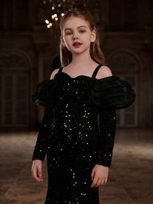 Tween Girl 亮片缀饰荷叶边美人鱼连衣裙 - 黑色 - 查看 4