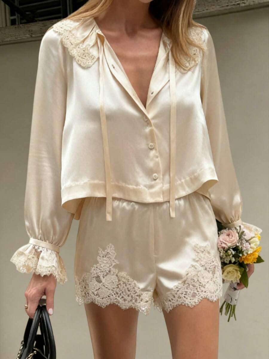 Women Y2k Lace Trim 2 Piece Pajama Set Long Sleeve Button Down Top With Elastic Waist Shorts Vintage Pants Pj Set Loungewear - Rượu sâm banh - Xem 1