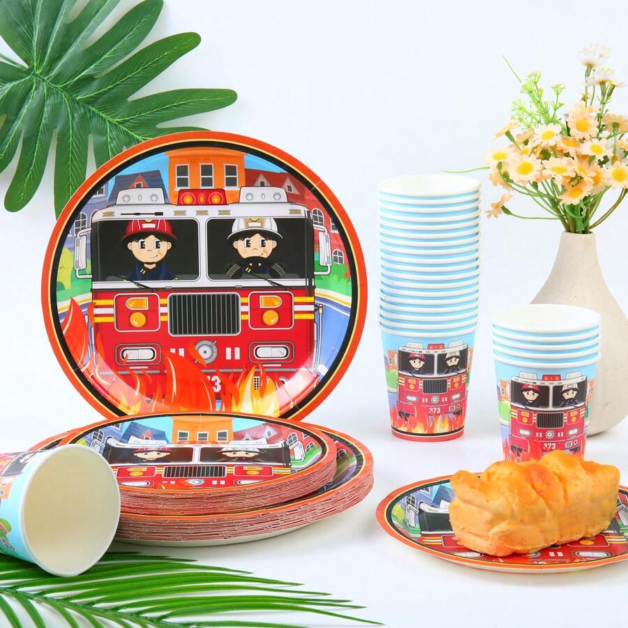 Firefighter Disposable Tableware Set, 7/9 Inch Party Plates, Disposable Paper Plates And Cups Suitable For Holidays, Weddings, Engagements, Weddings, Birthdays, Parties, Celebration Events - Multicolor - View 1