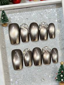 10 piezas de uñas postizas con efecto de ojo de gato metálico, con brillantes de strass, uñas falsas reutilizables para mujeres para uso diario y de fiesta - Multicolor - Ver 2