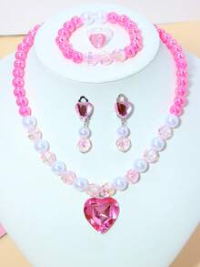 5 pièces/set Bracelet, Collier, Boucles d'oreilles, Bague et Pendentif avec perles et pierres en forme de cœur. Ensemble de bijoux mignon pour filles, convient pour les fêtes, l'école et les anniversaires - Multicolore - Voir 2