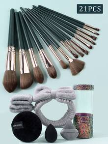 21pcs Professional Makeup Brush Set, Includes Face Makeup Brushes - Foundation Brush, Contour Brush, Blush Brush, Powder Brush, Eyeshadow Brush, Concealer Brush, Highlighter Brush, Blending Brush, Makeup Sponges, Makeup Brush Holder, Super Soft Makeup Tools, Gentle On Skin, Portable Travel Set, Gift For Women And Girls - Dark Green - View 3