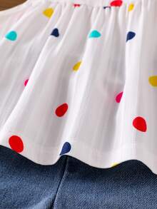 2件套女婴时尚可爱波点无袖上衣和毛边牛仔短裤套装，夏季 - 白色 - 查看 8