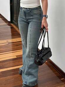 Valentine's Day Women Bootcut Jeans Flare Jeans Mid-High Waisted Stretchy Straight Leg Jeans Seamed Front Loose Denim Pants Spring Clothes - 灰藍色 - 查看 3