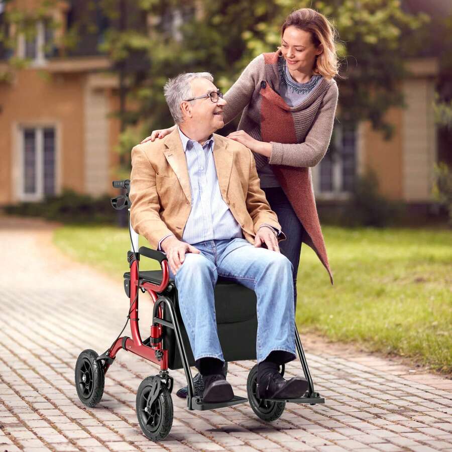 Lifezeal 2-In-1 Rollator Walker For Seniors With Seat 9" Pneumatic Tires For All Terrain Black/Red/Navy - Red - View 1