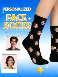1 Pair Customized Photo Printed Black Ankle Socks, Personalized Face Design, Casual Style, Suitable For Couples/Gift Occasions - Multicolor - View 4