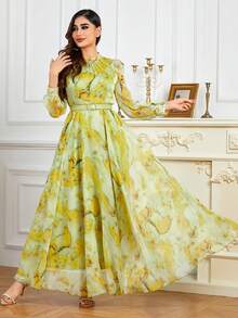 Vestido de manga larga con cuello alto, estampado aleatorio, con puños y cinturón con cuentas, elegante para verano, vacaciones y fiestas de primavera - Amarillo - Ver 6