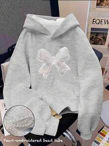Sweatshirt With A Three-Dimensional Bow Pattern Embellished With Pearls, Women's Casual Long-Sleeve Fleece Sweatshirt, Suitable For Sports And Home Wear, An Ideal Gift For The Start Of School. - Grey - View 1