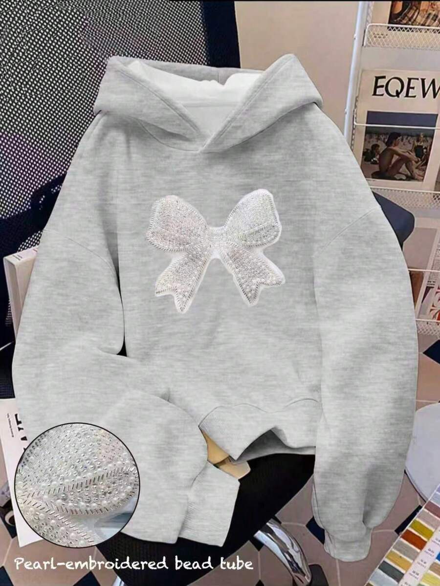 Sweatshirt With A Three-Dimensional Bow Pattern Embellished With Pearls, Women's Casual Long-Sleeve Fleece Sweatshirt, Suitable For Sports And Home Wear, An Ideal Gift For The Start Of School. - Grey - View 1