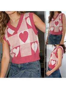 Womens Heart Checkered Vest Sweater Stylish V Neck Sleeveless Crop Knit Tops For Daily Office Party - 粉色 - 查看 4