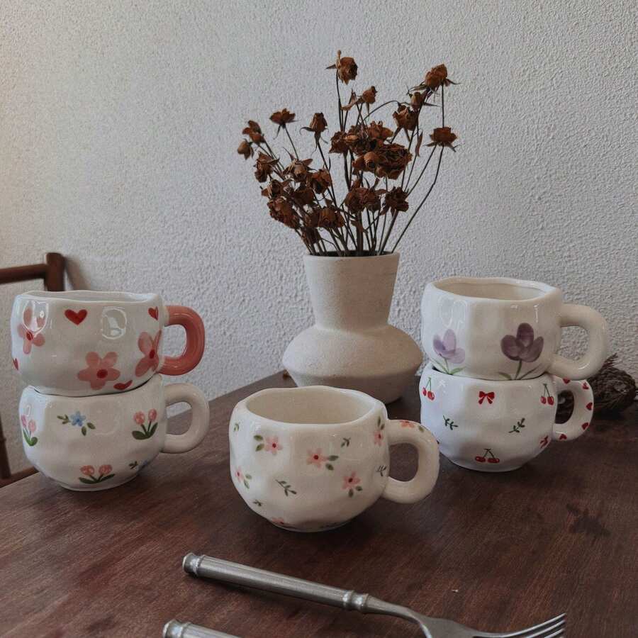 手工不对称陶瓷抹茶杯，情侣杯，适用于浓缩咖啡、拿铁、摩卡或茶，是生日、周年纪念日和情人节的完美礼物 - 彩色 - 查看 1