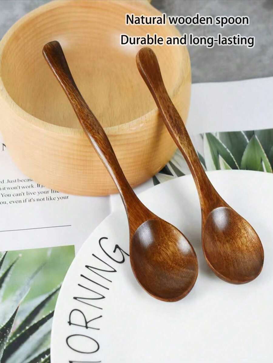 1支/2支/5支装木勺，各种尺寸成人用餐汤匙，竹制餐具 - 棕色 - 查看 1