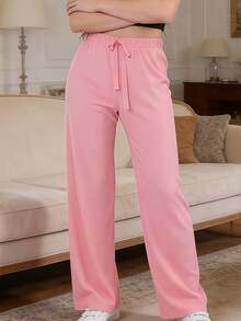 Women's High Waist Wide Leg Pants, Loose Casual Comfy Sleepwear Trousers, Minimalist Sweet Girl Style, Suitable For Spring, Summer, Autumn - Pink - View 2