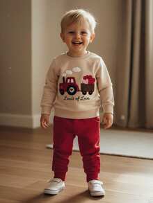 Conjunto de ropa de Día de San Valentín para niño pequeño, con sudadera de cuello redondo de manga larga con bordado de corazón y tractor, y pantalones jogger - Caqui - Ver 2