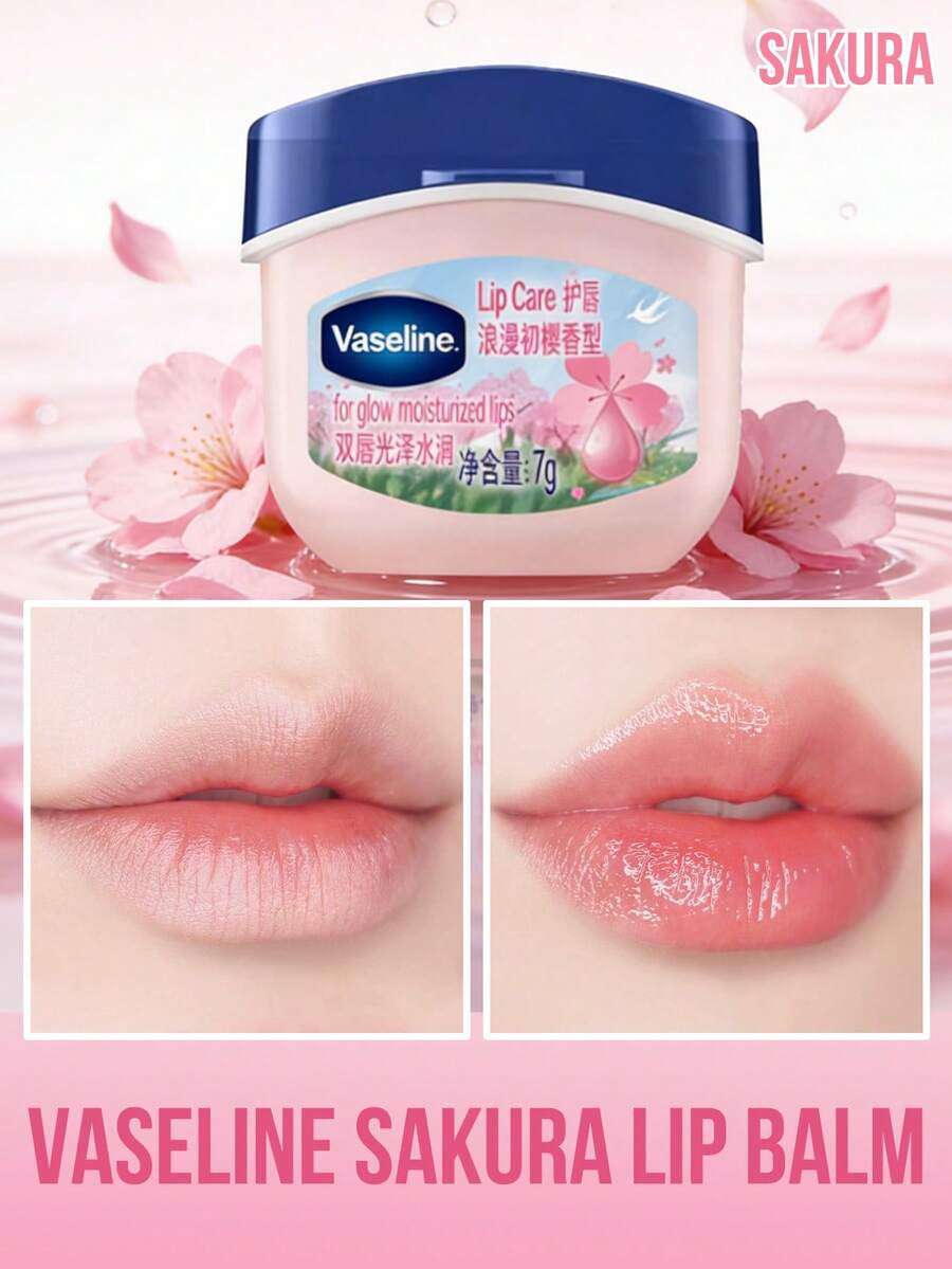 Vaseline Romantic Cherry Blossom Lip Balm, 72-Hour Deep Moisturization, Softens Chapped Lips, Dual Hyaluronic Acid, Non-Sticky Lip Balm Base, Moisturizing, Cryogenic Extract, Day & Night Dual Care, Hydrating, Regulating, Soothing, Portable, Long-Lasting Moisturization, Travel Essential, Pure Ingredients, Multi-Purpose, Repairing, Protective - Romantic Cherry Blossoms 7g - View 1