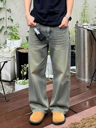 男士 Y2K 复古风泥黄色水洗直筒宽松牛仔裤，四季皆宜