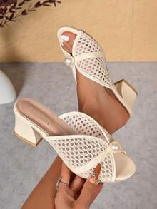 Plus Size Women's Peep Toe High Heel Sandals, Fashionable Hollow Out Sexy Mesh Shoes With Faux Pearl Decor, Elegant Personalized Suitable For Dates, Parties, Banquets, Weddings, Bridal - Beige - View 16