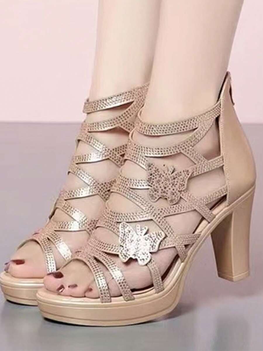 女士休闲凉鞋，新款时尚百搭露趾粗跟水钻镂空高跟凉鞋，夏季必备 - 金色 - 查看 1