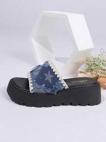 Women's Summer Denim Slippers, Fashion Strap Thick Bottom Slip-On Sandals - Blue - View 8