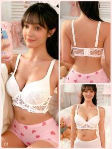 Women's Sexy Lace Bra, Deep V Comfortable Backless Full Cup Underwire Push Up Bra, Lace Small Bust Lift Up Prevent Sagging Bra, Apricot - White - View 6