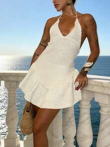 Women's Hollow Out Sleeveless Tie Waist Knit Mini Dress With Ruffled Hem, Suitable For Spring/Summer Beach, Vacation, Casual Daily Wear - White - View 2