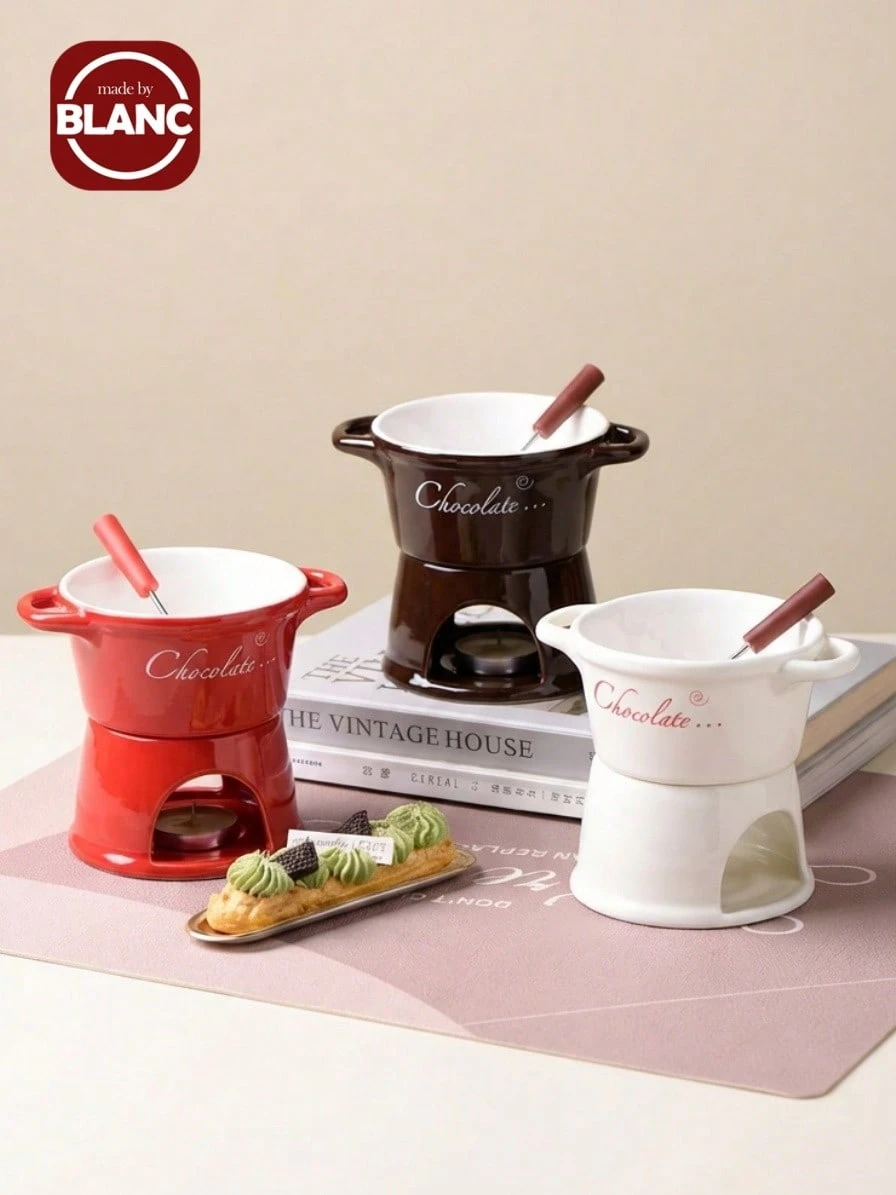 Best-Selling Ceramic Chocolate Fondue Set, Ice Cream Fondue Cup, Coffee Cup, Separable Ceramic Chocolate Melting Pot, Cheese Fondue Warmer, Mini Fondue Pot - Multicolor - View 1