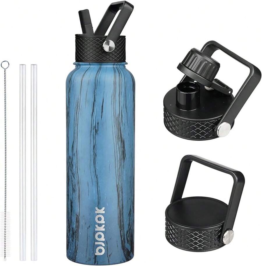 BJPKPK - Botellas de agua aisladas con tapa de popote, botellas de agua de acero inoxidable de 40 onzas con 3 tapas, termo a prueba de fugas, vasos para deportes, gimnasio, verde lavanda - Azul de Prusia - Ver 1