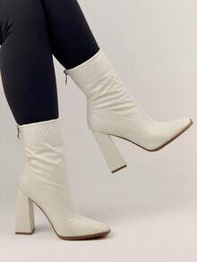 Weiße Rautenmuster Plateau Stiefel mit Absatz für Damen, Retro Quadratische Zehenkappe Hochabsatz Stiefel, modische schlanke elegante Lederstiefel, Herbst/Winter - Weiss - Übersicht 4
