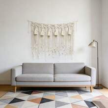 1pc Macrame Wall Hanging, Boho Style Wall Decor Tapestry, Handmade Macrame Valance Fringe Curtain, Wedding Backdrop, Headboard Decor - Beige - View 3