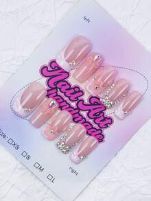 10 Stücke quadratische handgemachte Nagelspitzen, Y2K Girly Stil, nude & weiße Farbe mit französischen Spitzen, Blumen, Linien, Schleifen Dekor, glänzende Nagelkunst Teile, geeignet für Party, Hochzeit, Alltag, inklusive Werkzeug-Set, tolles Geschenk für Frauen & Mädchen Nägel Nagelbedarf - Rot-Weiß - Übersicht 3