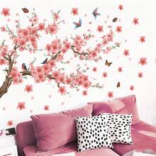 1张粉色花朵墙贴，创意艺术花卉小鸟装饰贴纸，易撕易贴，可移除树枝墙贴，适用于卧室、客厅、家居装饰 - 彩色 - 查看 4